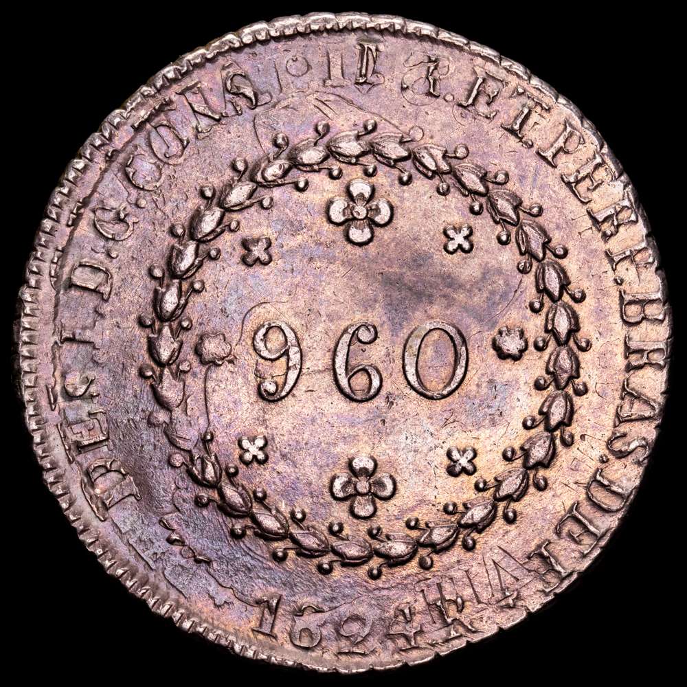 Brasil. 960 Reis. (26,76 g.). Rio. 1824. KM-368.1. EBC-. Acuñada sobre un 8 Reales 1821 P·J