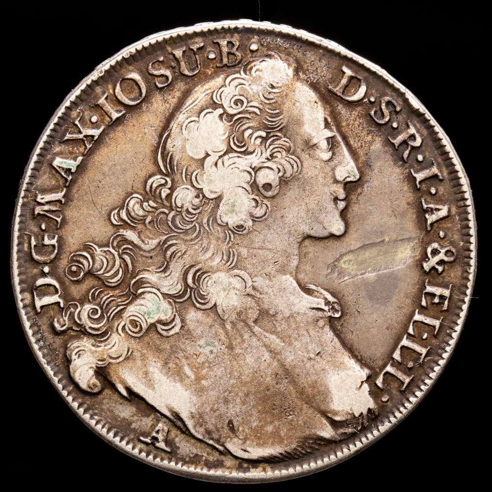 Alemania – Maximiliano. TA’LERO. (27,79 g.). Amberg. 1765. Ensayador A. KM-119.2. MBC+/MBC-. Rayas de ajuste en reverso.