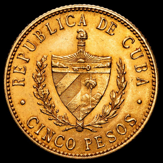 Cuba Primera República 1915 5 Pesos (José Martí) Oro (.900) Casa de la Moneda de Filadelfia (696000) 8,38 g. KM 19 JMA 104-105 Y 13 Fr 4. XF.
