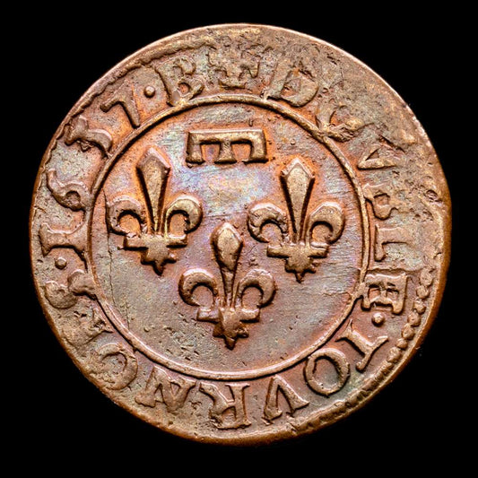 Francia. Double Tournois. (2,31 g.). Orleans. 1637. B. DIV-202. MBC+. Bella pátina