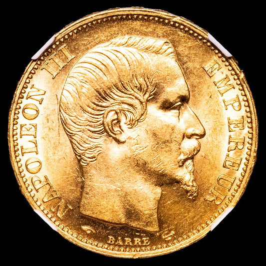 Francia, Napoleón III, 20 francos, 1859 A, Casa de la Moneda de París, oro, KM# 781.1, NGC MS62