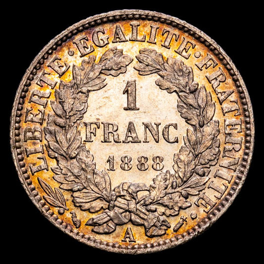 República Francesa. 1 Franc. (5,02 g.). A-París. 1888. KM-822.1. EBC+. Pátina