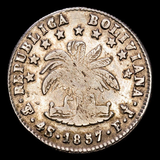 Bolivia. 4 Soles. (13,11 g.). Potosí. 1857. Ensayador F·J. KM-123.2. MBC+.