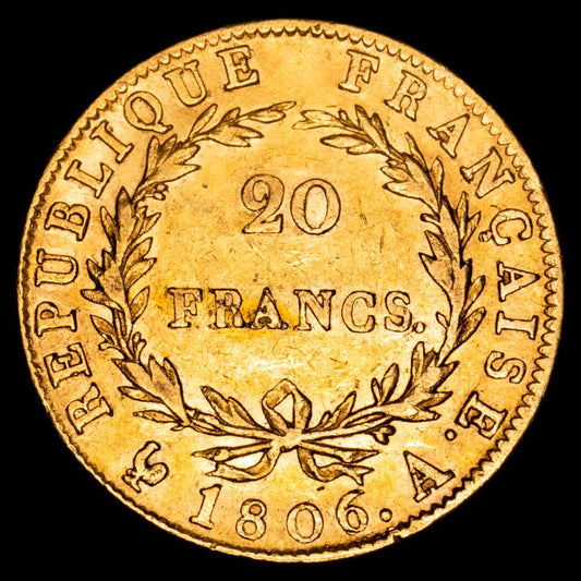 Napoleón I. 20 Francs. (6,42 g.). Paris-A. 1806. F-513/1. MBC+. Escasa