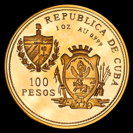 Cuba 1993. 100 pesos (km#538). (31,09 g. AU).PROOF. Prueba. 1 onza . Acuñada para conmemorar el 478 aniversario de la fundación de Santiago de Cuba. Tirada: 100 piezas. Muy rara.