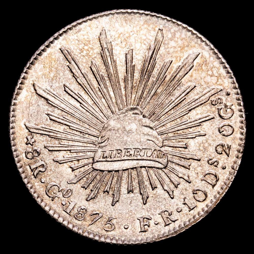 8 Reales 1875 Guanajuato Go FR. KM# 377.8 (DyP-Go55). (27,00 gramos ). Pátina y tonificación en reverso. UNC.