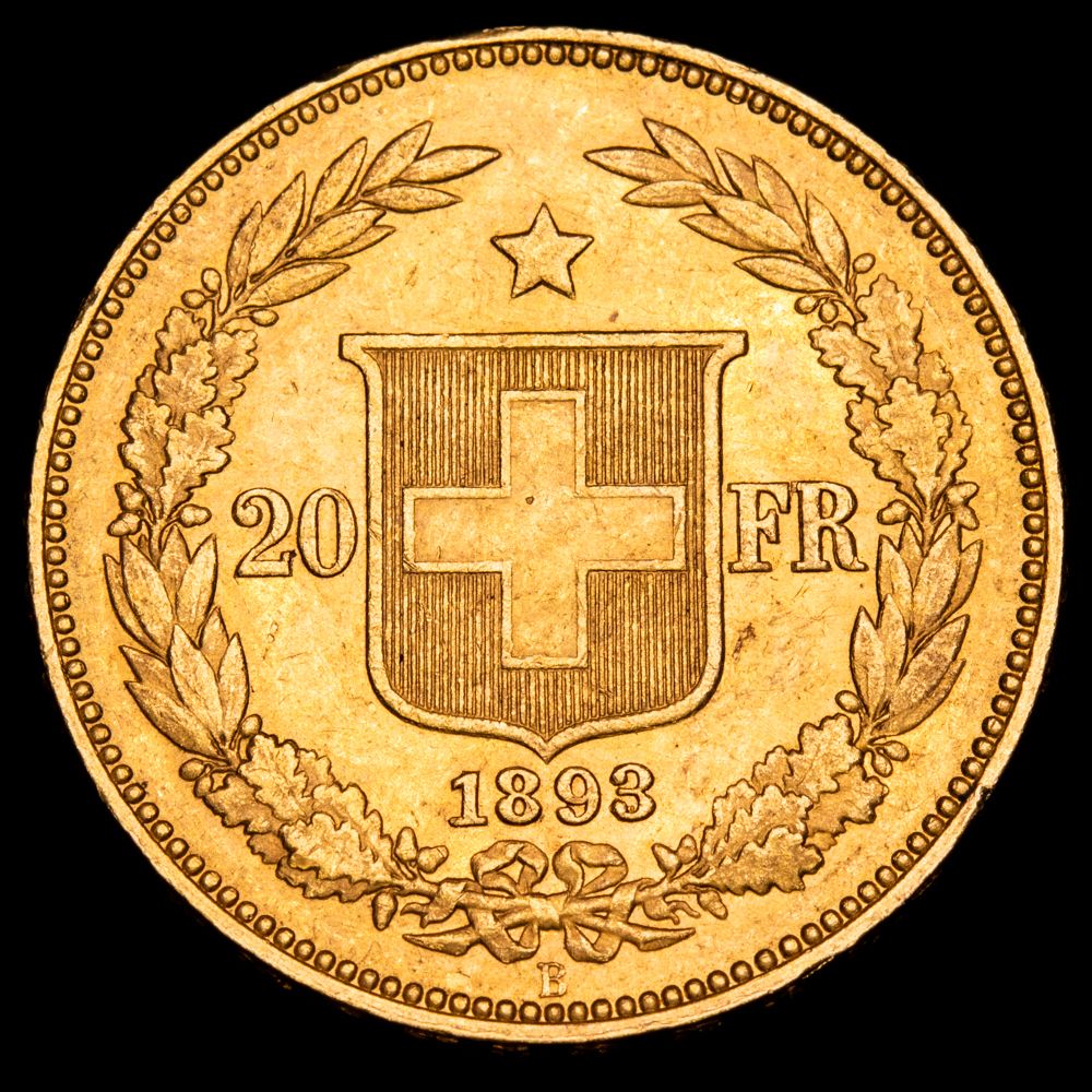 Suiza. 20 Francos. (6,45g.). Berna ·B. 1893. KM-31.3. XF+.