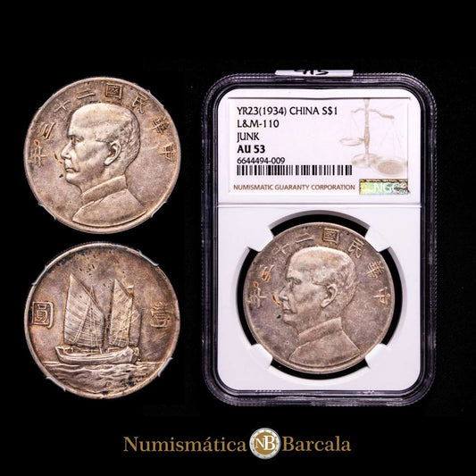 1 Dólar (Yuan). Año 23 (1934). SUN YAT SEN. Encapsulada por NGC AU53 (n. 6644494-009). 26,57grs. Pátina. Dav-223; L&M-110; Y-345.