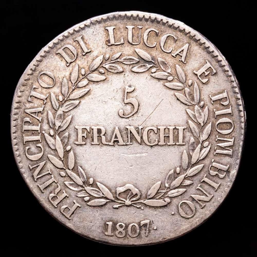 Italia – Elisa y Felice. 5 Francai. (24,81 g.). Lucca. 1807. PAG-253. MBC+. Tono