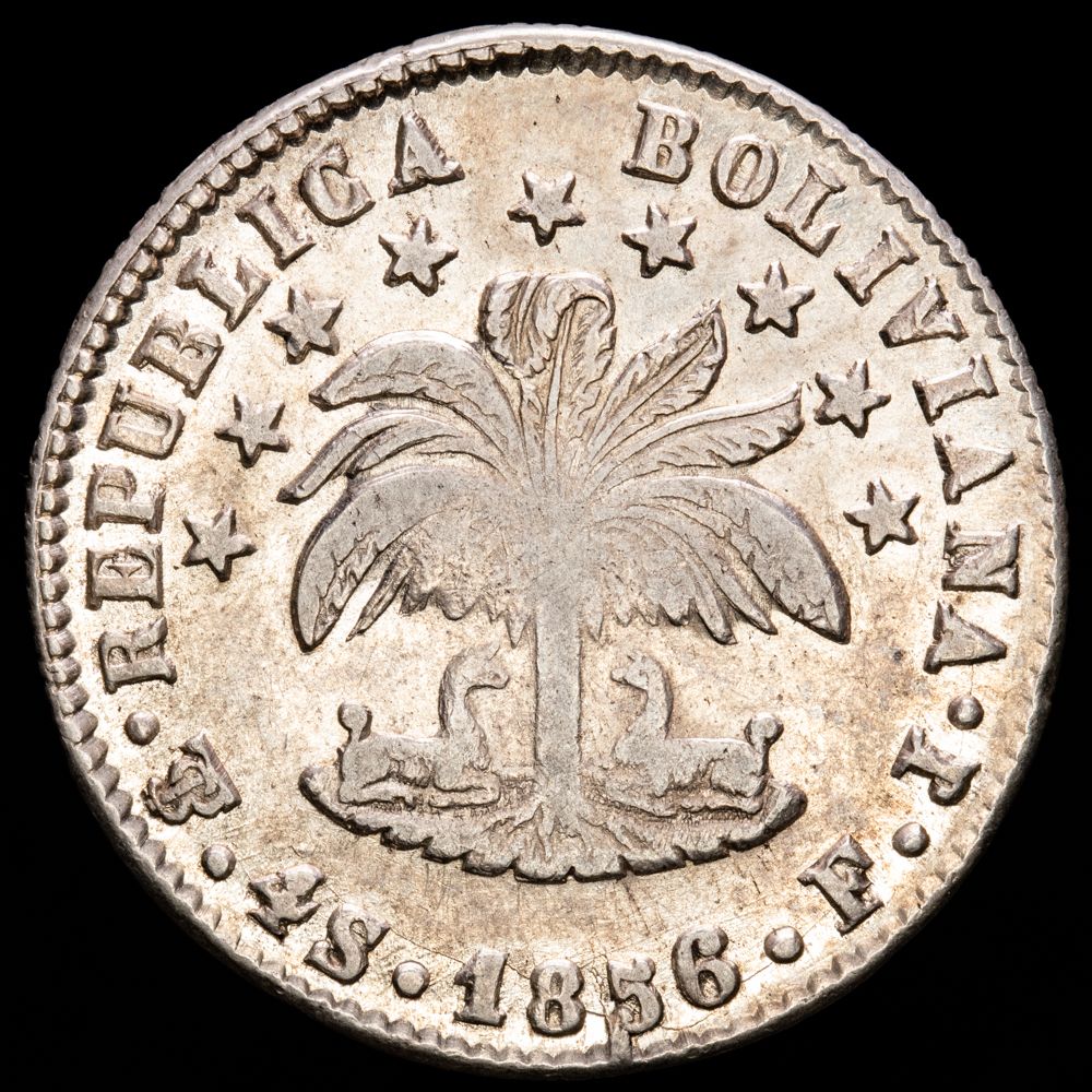 Bolivia. 4 Soles. (13,49 g.). Potosí. 1856. Ensayador F·J. KM-123.3. XF+. Restos de brillo original