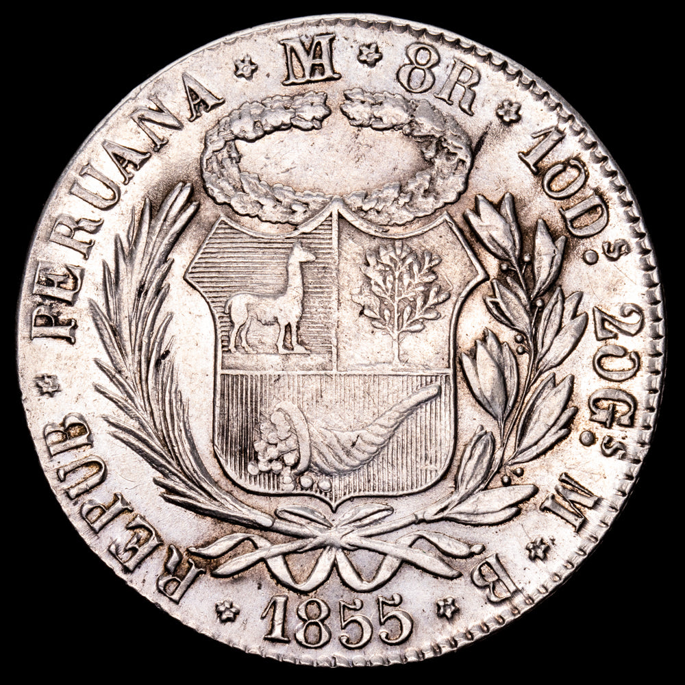 República Peruana. 8 Reales. (24,04 g.). Lima. 1855. Ensayador M·B. KM-142.10A. EBC-. Restos de brillo original. Rara