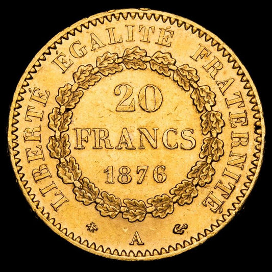 República de Francia. 20 Francos. (6,45g.). París · A ·. 1876. KM-825. XF+. Brillo original.
