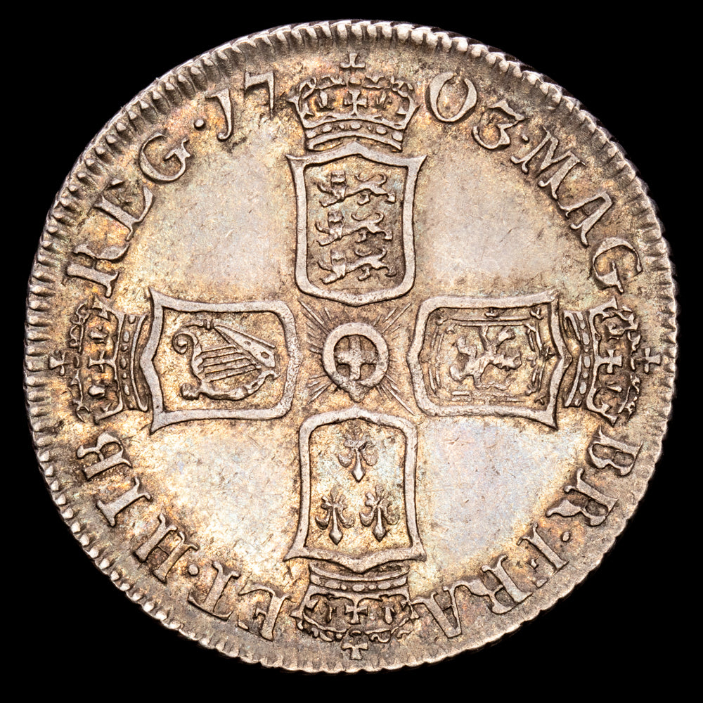 Gran Bretaña – Ana. Chelin. (5,99 g.). Vigo. 1703. SPINK-3586. MBC+. Escaso. Buen tono.