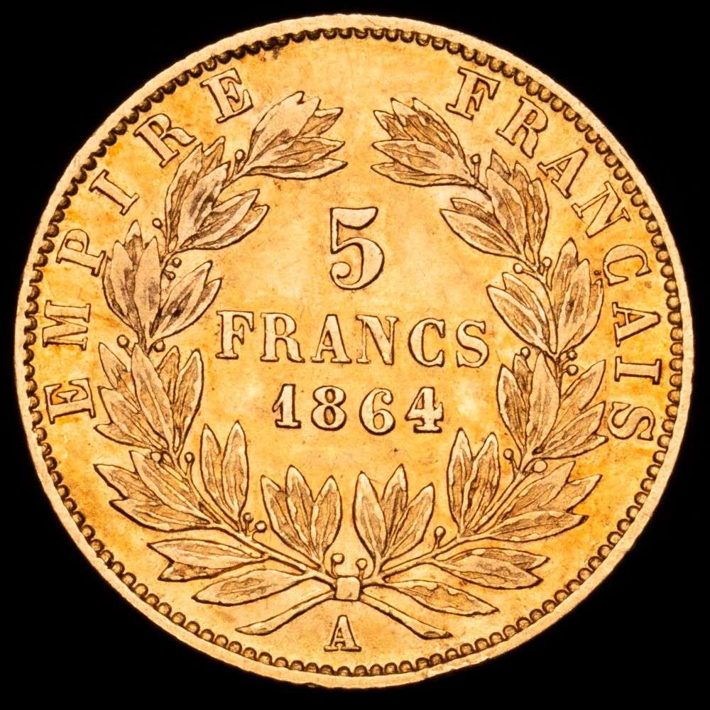 Francia – Napoleón III. 5 Francs. (1,59 g.). París (A). 1864. KM-803.1. MBC+. Restos de brillo original.