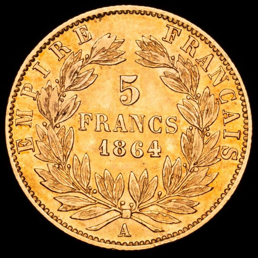 Francia – Napoleón III. 5 Francs. (1,59 g.). París (A). 1864. KM-803.1. MBC+. Restos de brillo original.