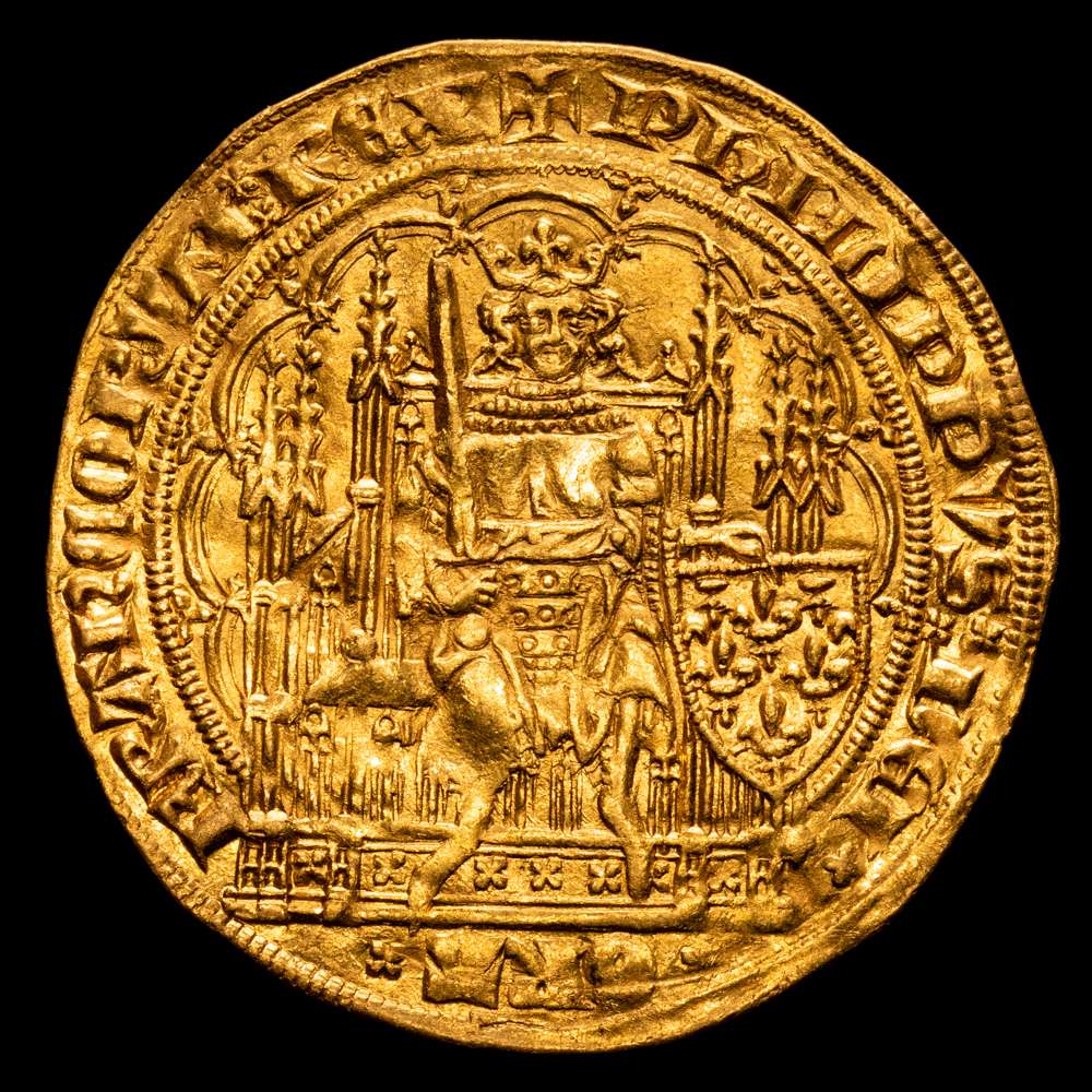 Francia. Felipe VI de Valois (1328-1350). 1 écu d’or.(4,52 g).(Fr. 270) (D. 249). En cápsula de la NGC como MS61, nº 8238163-011. Bella. Brillo original. Muy escasa así. AU. S/C-.