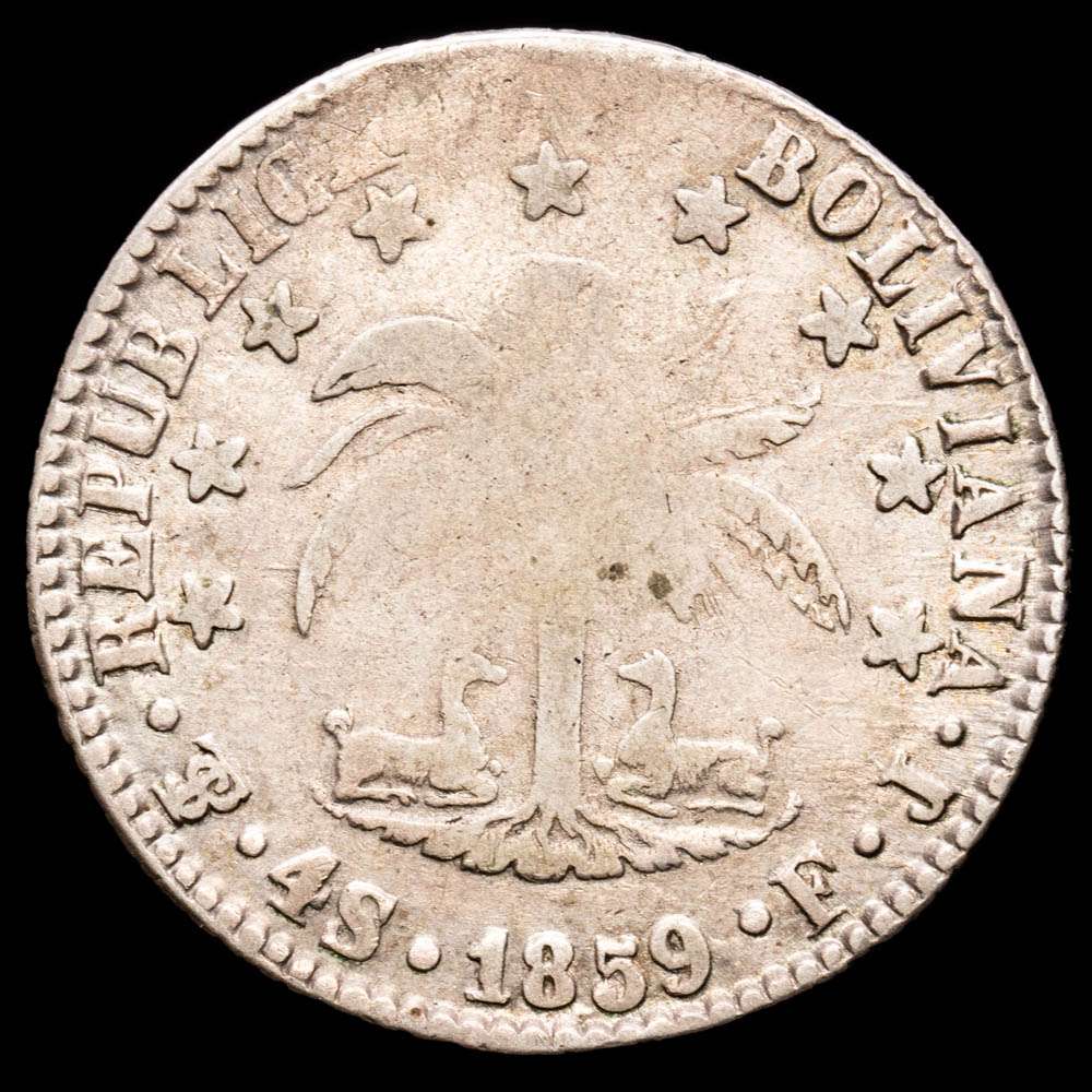 Bolivia. 4 Soles. (13,64 g.). Potosí. 1859. Ensayador F·J. KM-123.3. VF. La A de Bolivar es una V invertida
