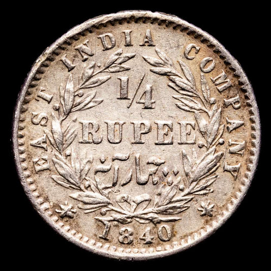 India Británica. 1/4 Rupia. (2,915 g.). 1840. KM-454,2. VF. Restos de montaje