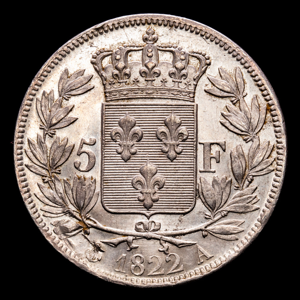 Francia – Louis XVIII. 5 Franc. (25,04 g.). Lille. 1822. F.309/73. EBC+. Brillo original.