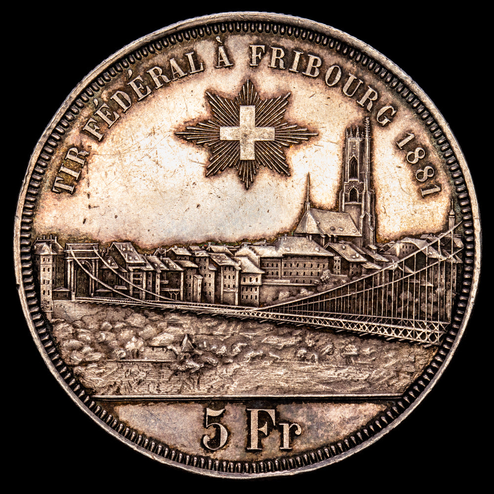 Suiza. 5 Francs. (25,06 g.). Fribourg. 1881. KM-515. EBC+. Restos de brillo original. Infimas rayitas de limpieza
