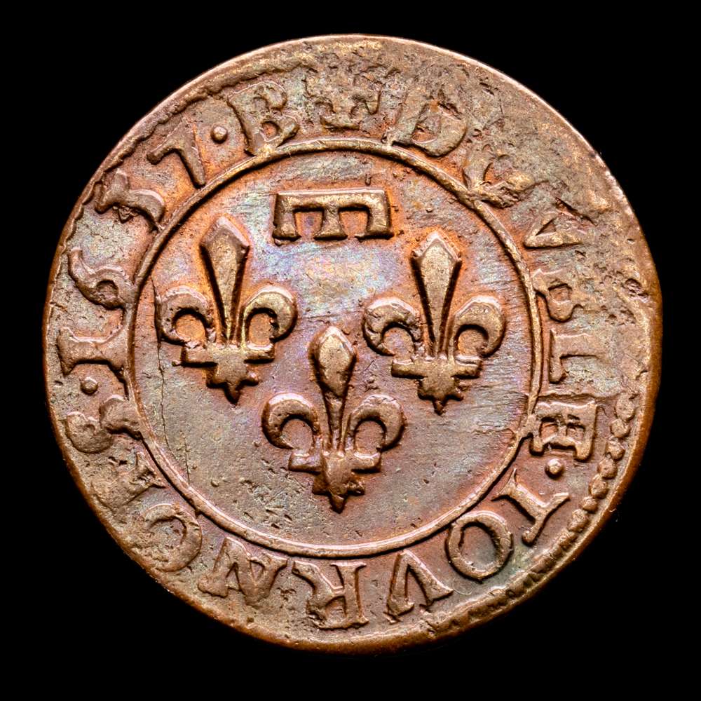 Francia. Double Tournois. (2,31 g.). Orleans. 1637. B. DIV-202. MBC+. Bella pátina