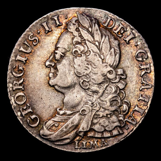Gran Bretaña – George II. 1 Shilling. (5,98 g.). Lima. 1745. Spink-3703. XF. Bella pátina irisada.