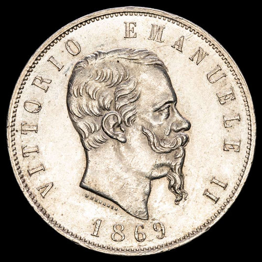 Italia – Vitorio Emanuel. 5 Liras. (25,1g.). Milano. 1869. KM-8.3. XF+.