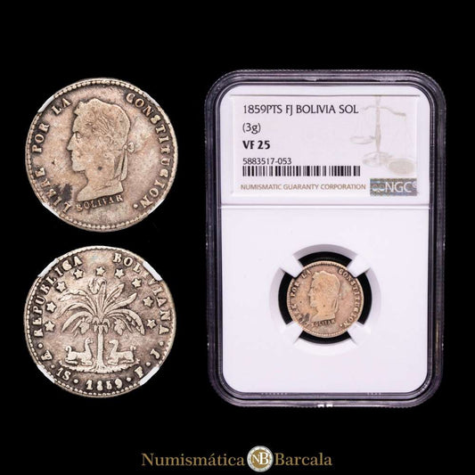 Bolivia. Sol. (3 g.). Potosí. 1859. Ensayador F·J. Encapsulado por NGC VF25.