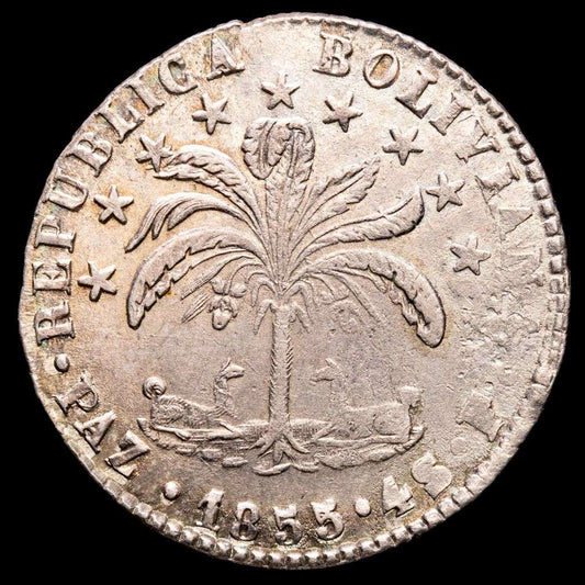 República de Bolivia. 4 Soles. (13,56g.). Potosí. 1855. Ensayador F. KM-125. XF.