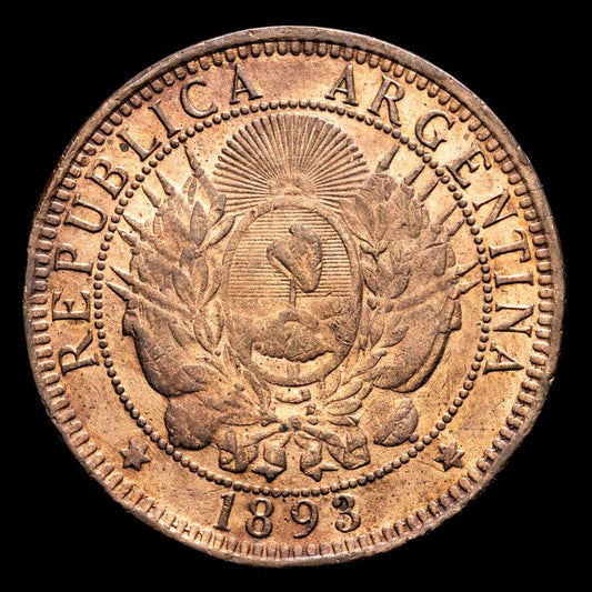 1893. Argentina. 2 centavos. (Kr 33). 9,84 gramos. UC. Golpecitos en canto. (EBC).