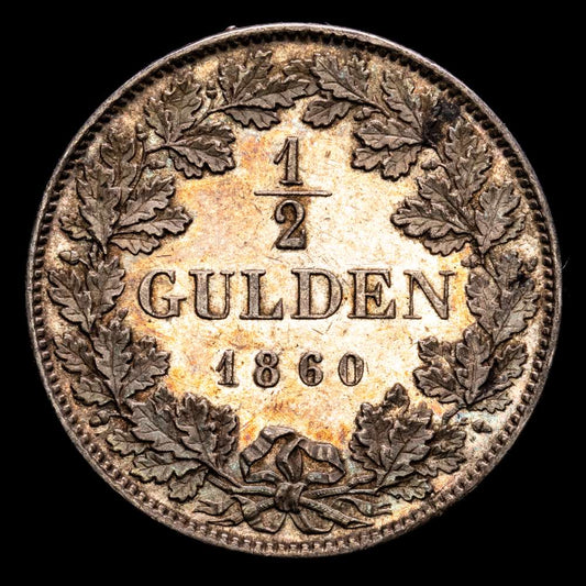 Alemania –  Friedrich I. 1/2 Gulden. (5,29 g.). 1860. AKS126. SC-. Bella pátina. Gran parte de brillo original.