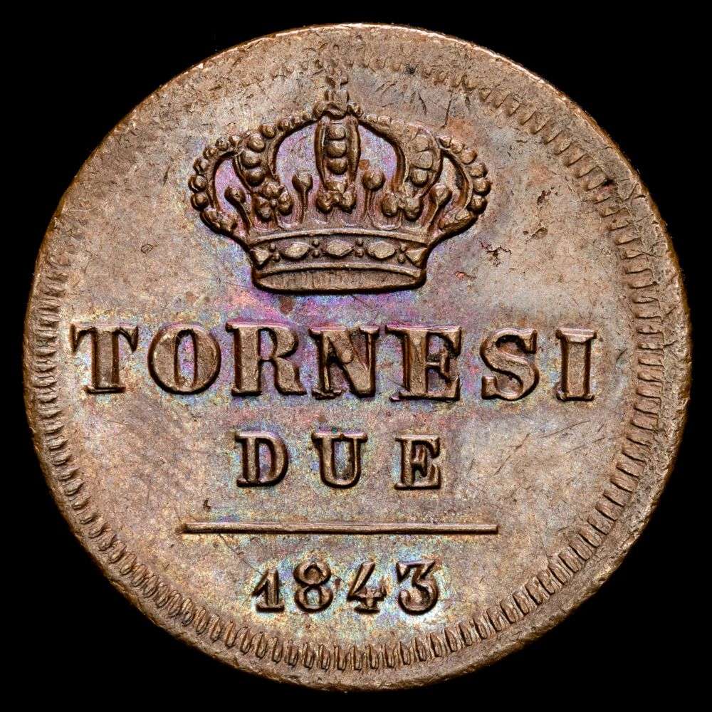 Italia – Fernando II. 2 Tornesi (6,50 g.). Nápoles. 1843. MIR-582/3. UNC-.
