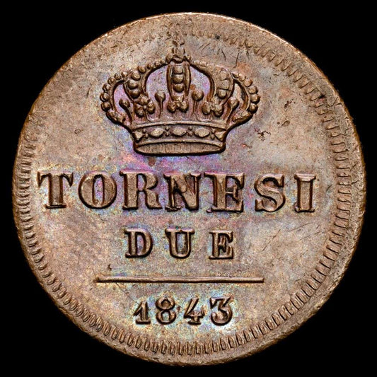 Italia – Fernando II. 2 Tornesi (6,50 g.). Nápoles. 1843. MIR-582/3. UNC-.
