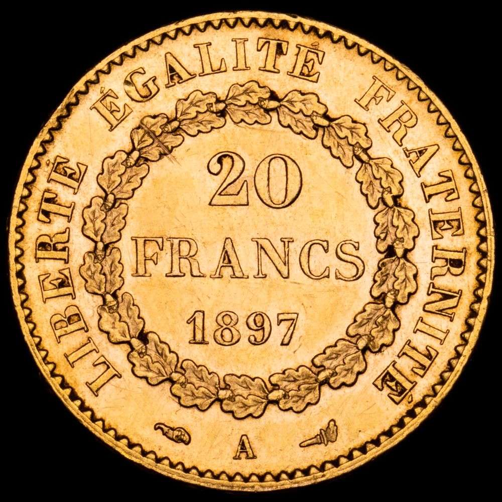 República de Francia. 20 Francs. (6,48 g.). París (A). 1897. KM-825. XF+. Brillo original