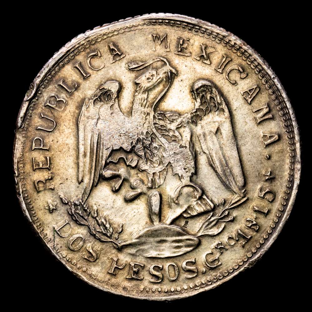 México – Campo Morado. 2 Pesos. (24.41 g.). Gerrero. 1915. Ensayador Cº-Mº. KM-660. MBC+. Tono.