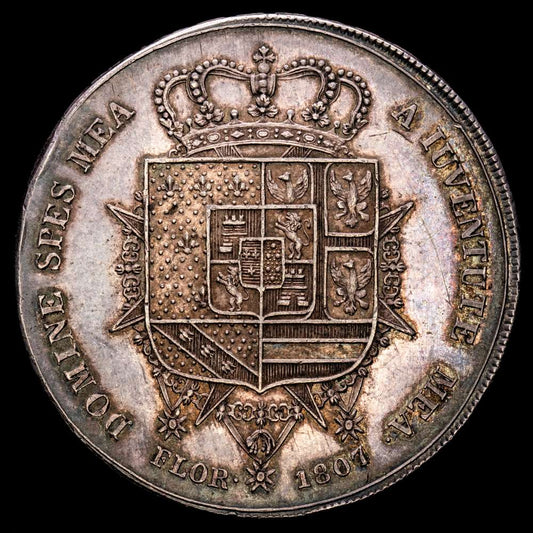 Italia – Estados italianos FIRENZA Carlo Ludovico Borbone et Maria Luigia (Scudo da 10 Lire Fiorentine), 1807. AG 39,13g. Excelente. Bella pátina.