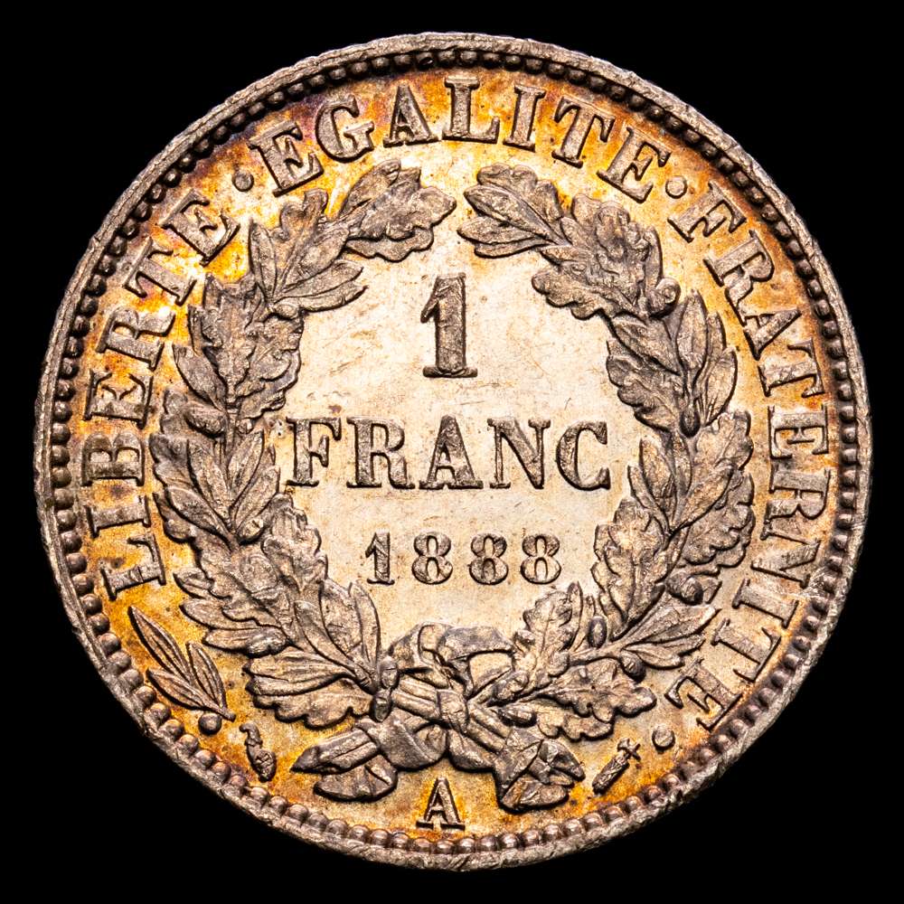 República Francesa. 1 Franc. (5,02 g.). A-París. 1888. KM-822.1. EBC+. Pátina