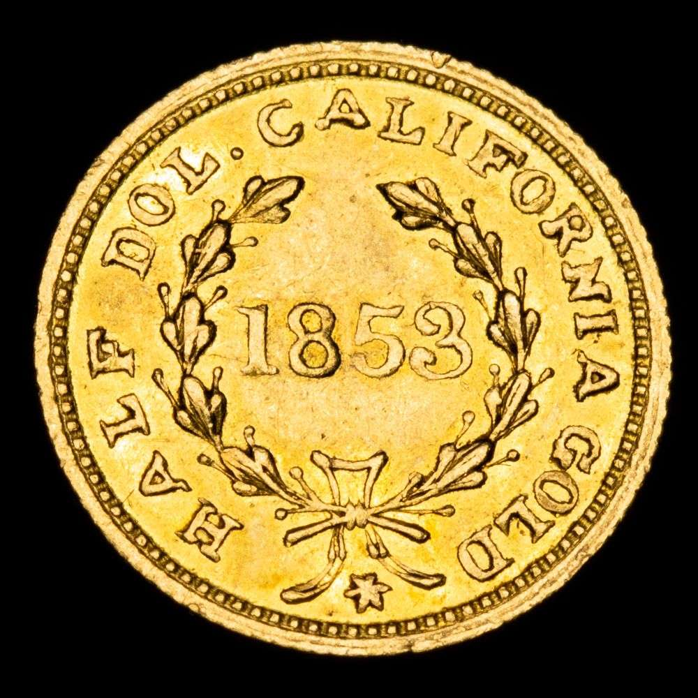 Estados Unidos – Liberty Head. 1/2 Gold Dollar. (0,54g.). California. 1853. KM-11.3. XF+. Brillo original. Ondulado. Raro