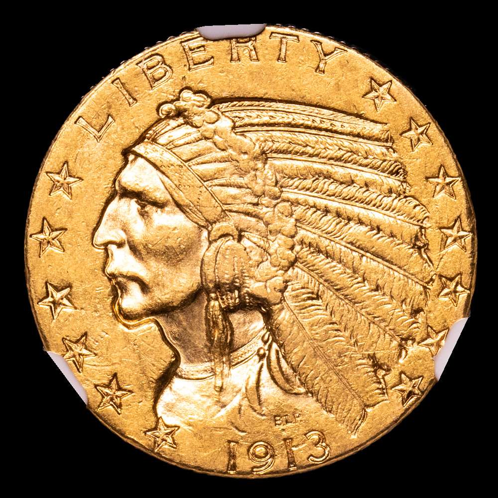 EE. UU., Cinco Dólares de oro, 1913 S, Cabeza india a la izquierda, Águila invertida a la izquierda (KM.129), certificada y calificada por NGC como AU58.