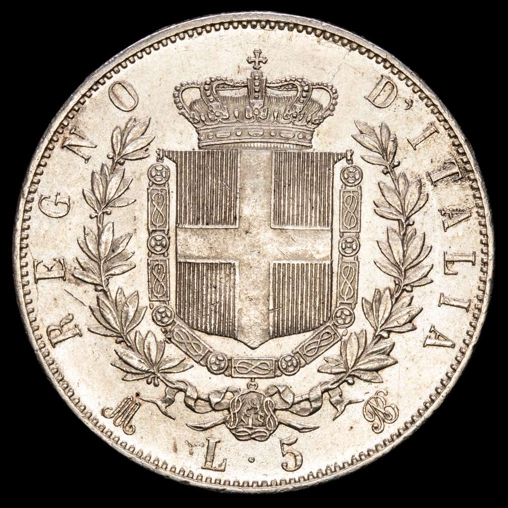 Italia – Vitorio Emanuel. 5 Liras. (25,1g.). Milano. 1869. KM-8.3. XF+.