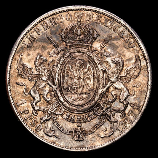 México – Maximiliano I. 1 Peso. (27.01 g.). México. 1867. KM-388.1. EBC. Bello tono.