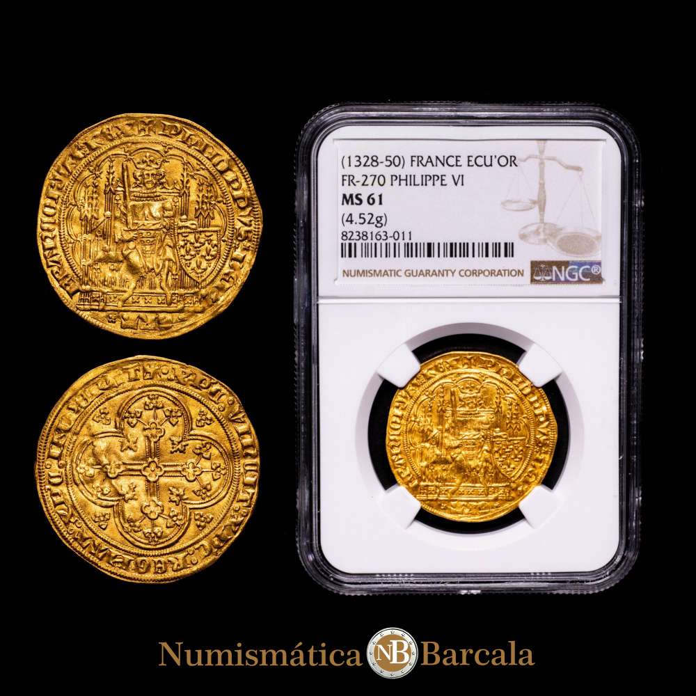 Francia. Felipe VI de Valois (1328-1350). 1 écu d’or.(4,52 g).(Fr. 270) (D. 249). En cápsula de la NGC como MS61, nº 8238163-011. Bella. Brillo original. Muy escasa así. AU. S/C-.