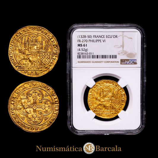 Francia. Felipe VI de Valois (1328-1350). 1 écu d’or.(4,52 g).(Fr. 270) (D. 249). En cápsula de la NGC como MS61, nº 8238163-011. Bella. Brillo original. Muy escasa así. AU. S/C-.