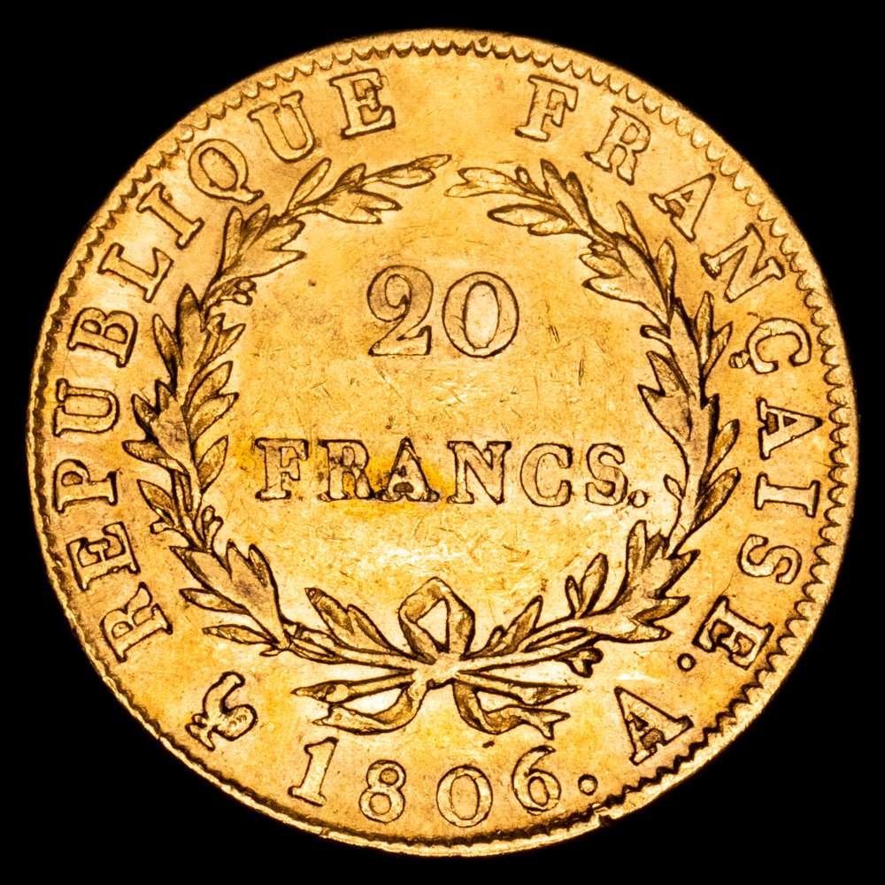 Napoleón I. 20 Francs. (6,42 g.). Paris-A. 1806. F-513/1. MBC+. Escasa