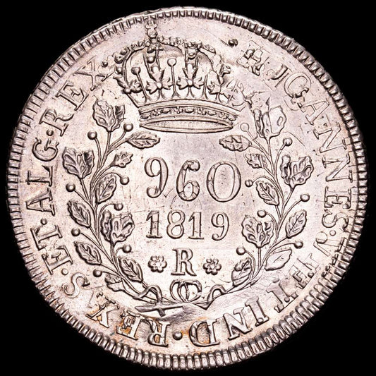 Brasil. 960 Reis. (26,88 g.). Rio. 1819. KM-326.1. EBC. Acuñada sobre un 8 Reales 1815 Santiago de Chile R