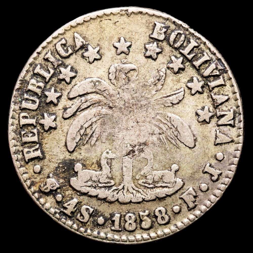 Bolivia – 4 Soles (13,33 g.). Potosí. 1858. Ensayador F·J. KM-123.2. VF