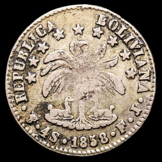 Bolivia – 4 Soles (13,33 g.). Potosí. 1858. Ensayador F·J. KM-123.2. VF