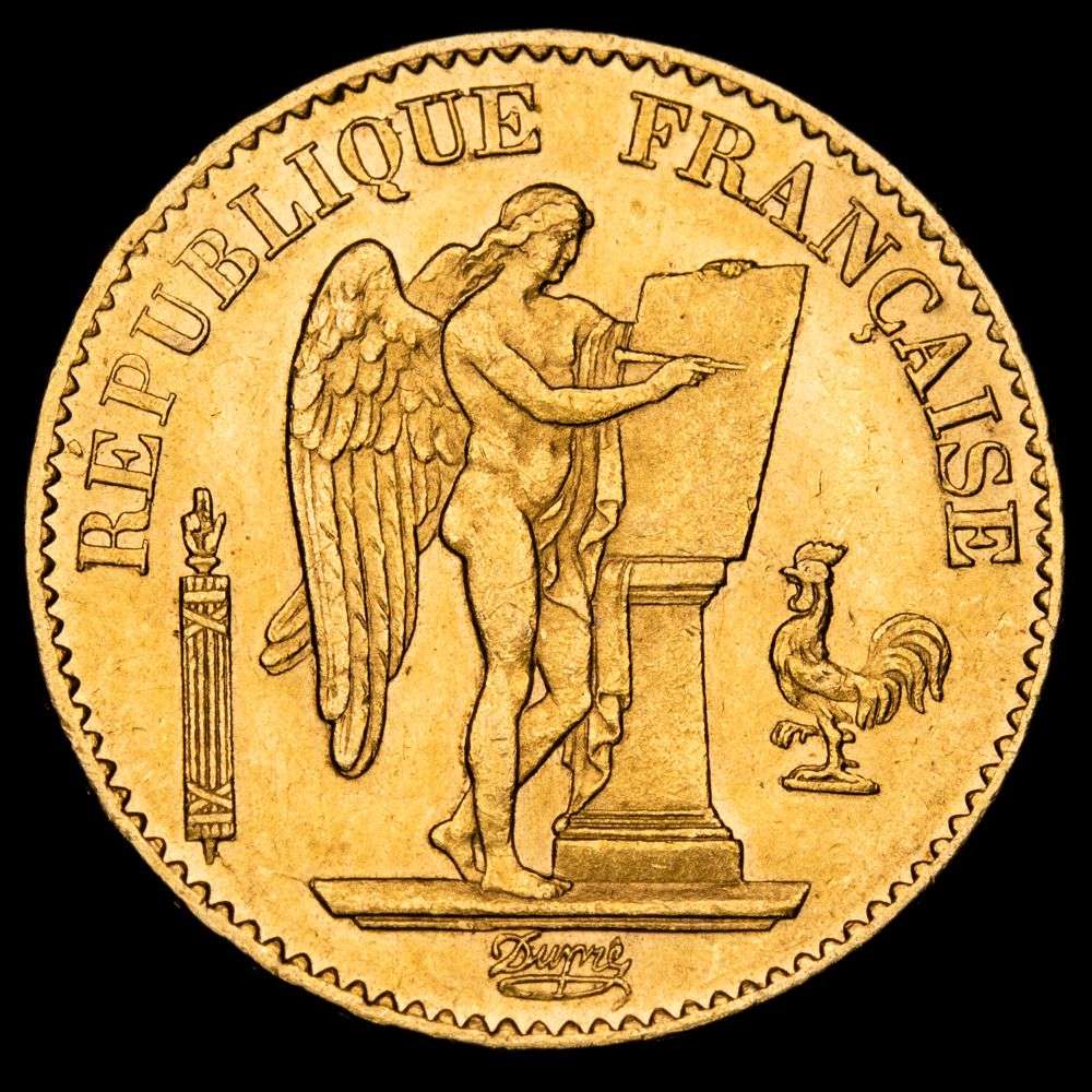 República de Francia. 20 Francos. (6,45g.). París · A ·. 1876. KM-825. XF+. Brillo original.
