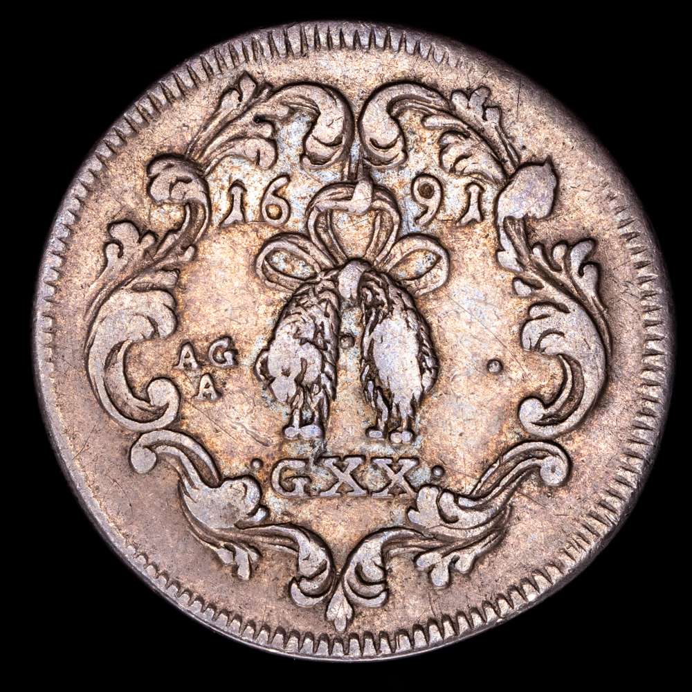 Italia – Carlos II. 1 Tari. (4,25 g.). Nápoles. 1691. Ensayador AG/A. VTI-174. MBC. Rayas de ajuste.