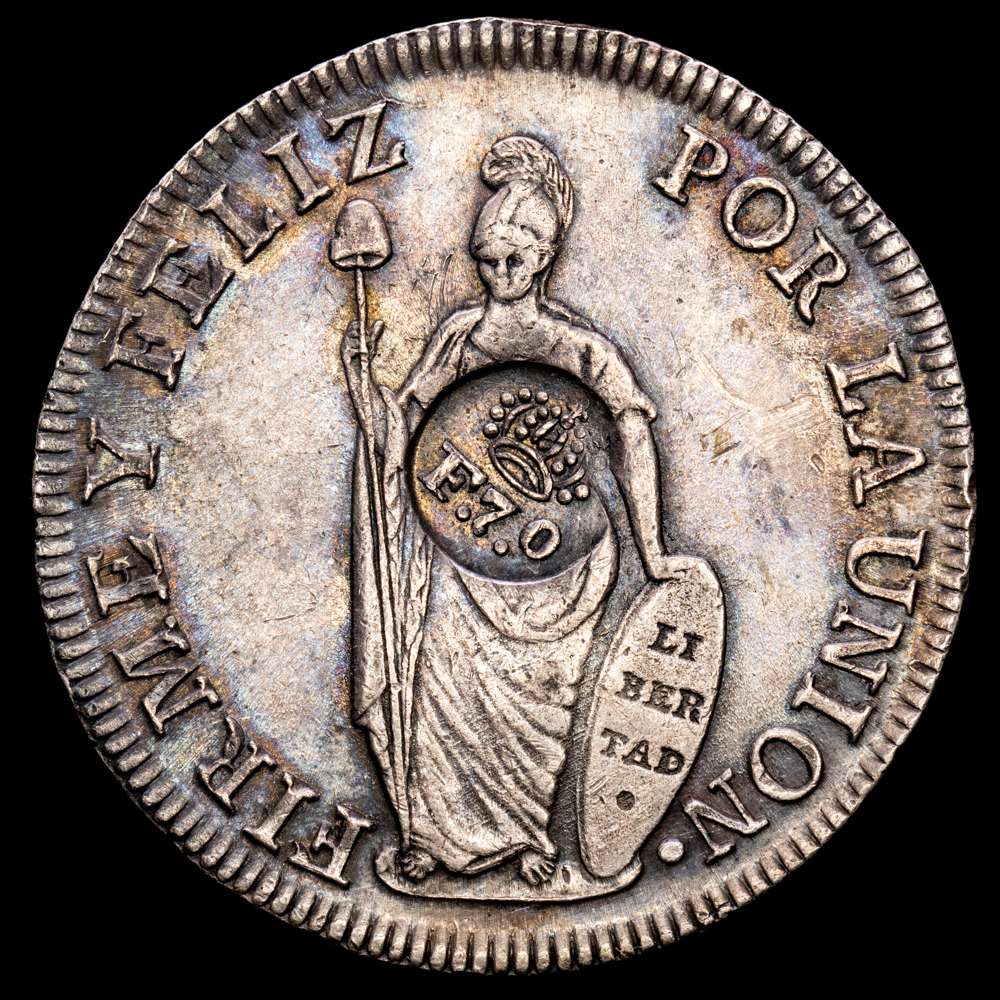 8 Reales. (1832-1834). MANILA. 26,37grs. Resello F.7º superado de corona sobre 8 Reales PERÚ 1833 Lima-MM KM-83 de Filipinas. MBC+. Tono.